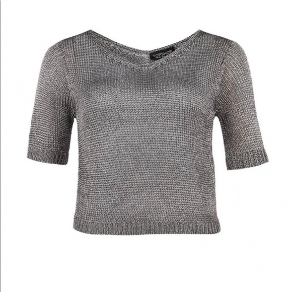 Topshop Metallic Mesh V-neck Top - Picture 1 of 4